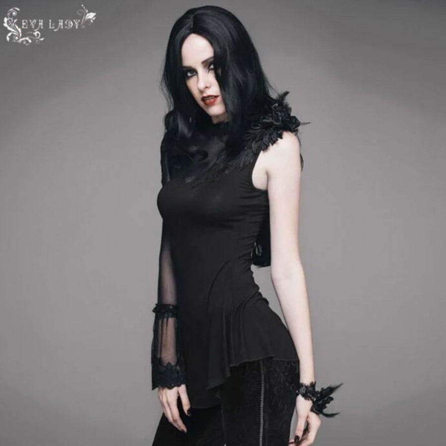 DEVIL FASHION Devil Fashion - Damen Langarmshirt - In Flux Gothic Top With Mesh Panel And Lace Gothic & Punk T-Shirts