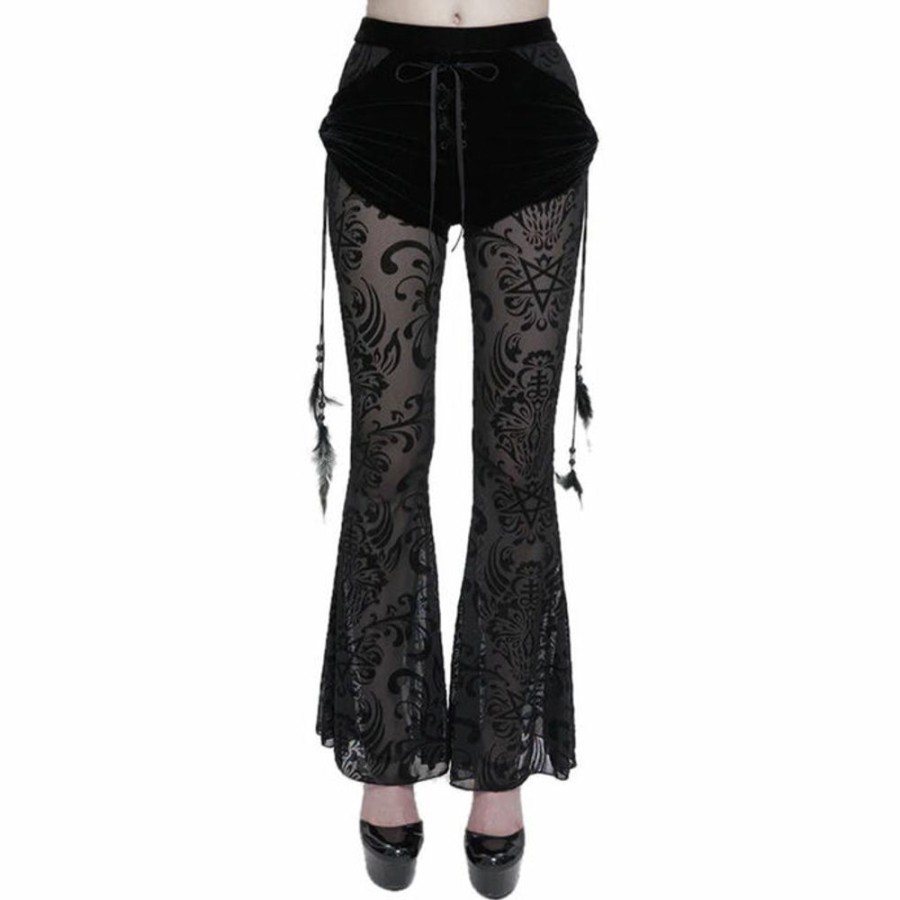 DEVIL FASHION Devil Fashion - Damen Spitzenhose - Gothic Drawstring Mesh Splice Flared Hosen & Shorts