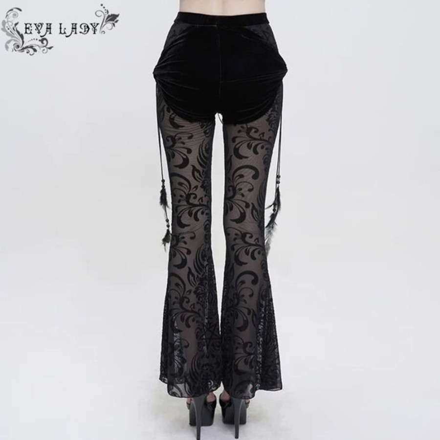 DEVIL FASHION Devil Fashion - Damen Spitzenhose - Gothic Drawstring Mesh Splice Flared Hosen & Shorts