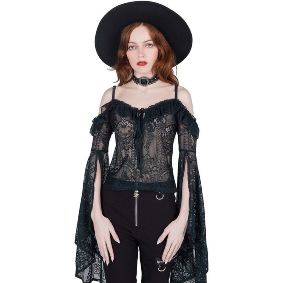 KILLSTAR Damen Longsleeve (Top) Killstar - Breathless Lace Bardot - Emerald Blusen