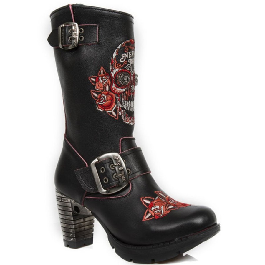 NEW ROCK Schwarze New Rock Damen Lederstiefel - Borders Rojos, Trail Black Tacon Acer High Heels