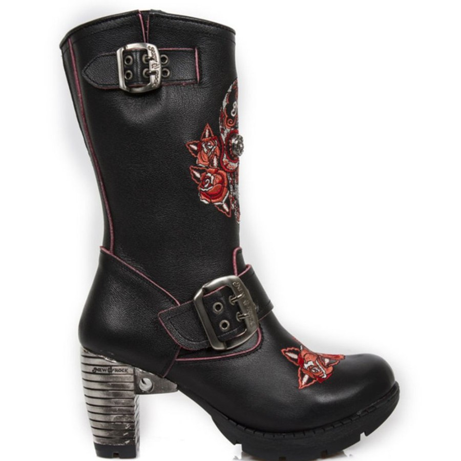 NEW ROCK Schwarze New Rock Damen Lederstiefel - Borders Rojos, Trail Black Tacon Acer High Heels