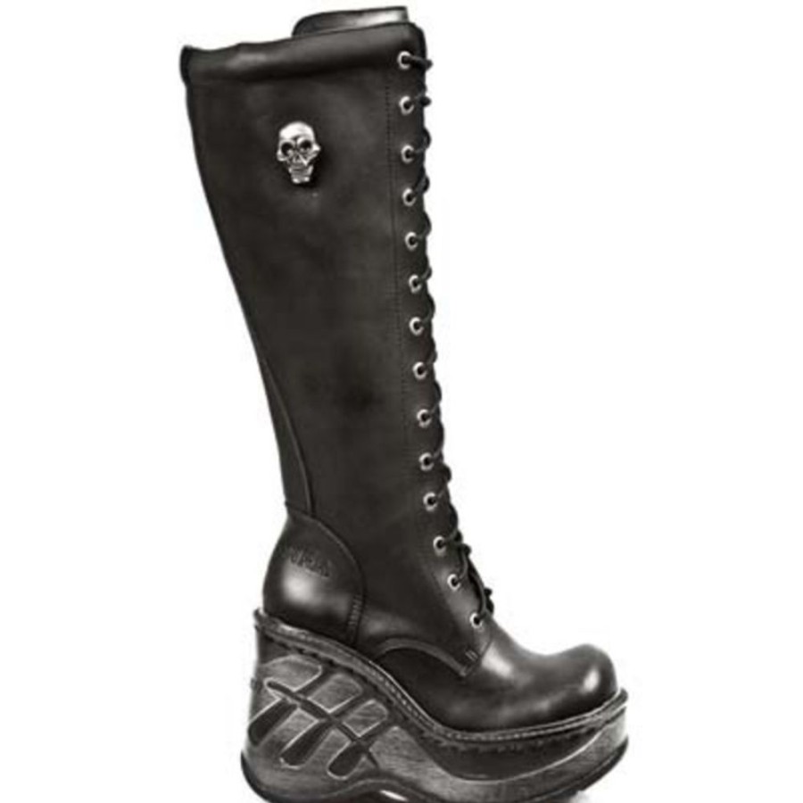 NEW ROCK Hohe Schwarze New Rock Damen Lederstiefel -Cuu00D1A Sport - Itali Negro Keilschuhe