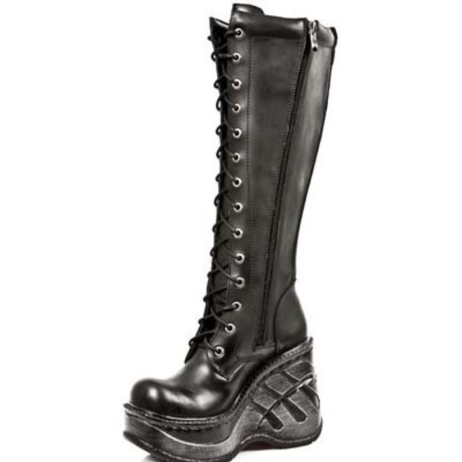 NEW ROCK Hohe Schwarze New Rock Damen Lederstiefel -Cuu00D1A Sport - Itali Negro Keilschuhe